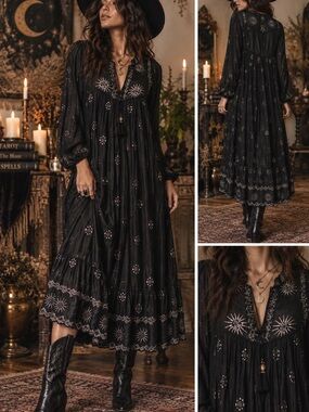 Vintage California Dream Bohemian Black Silver Foil Midi Dress